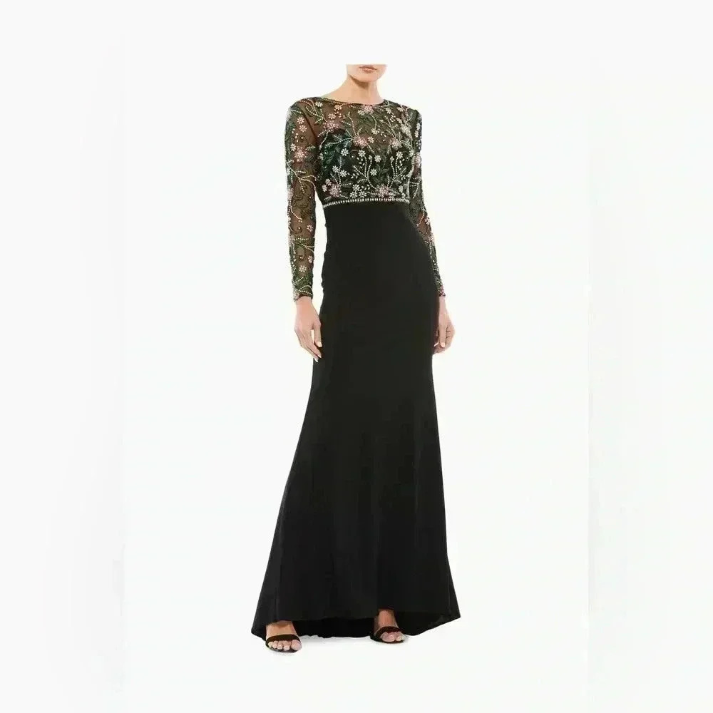 Mac Duggal Black Dress with Green Floral Sleeves